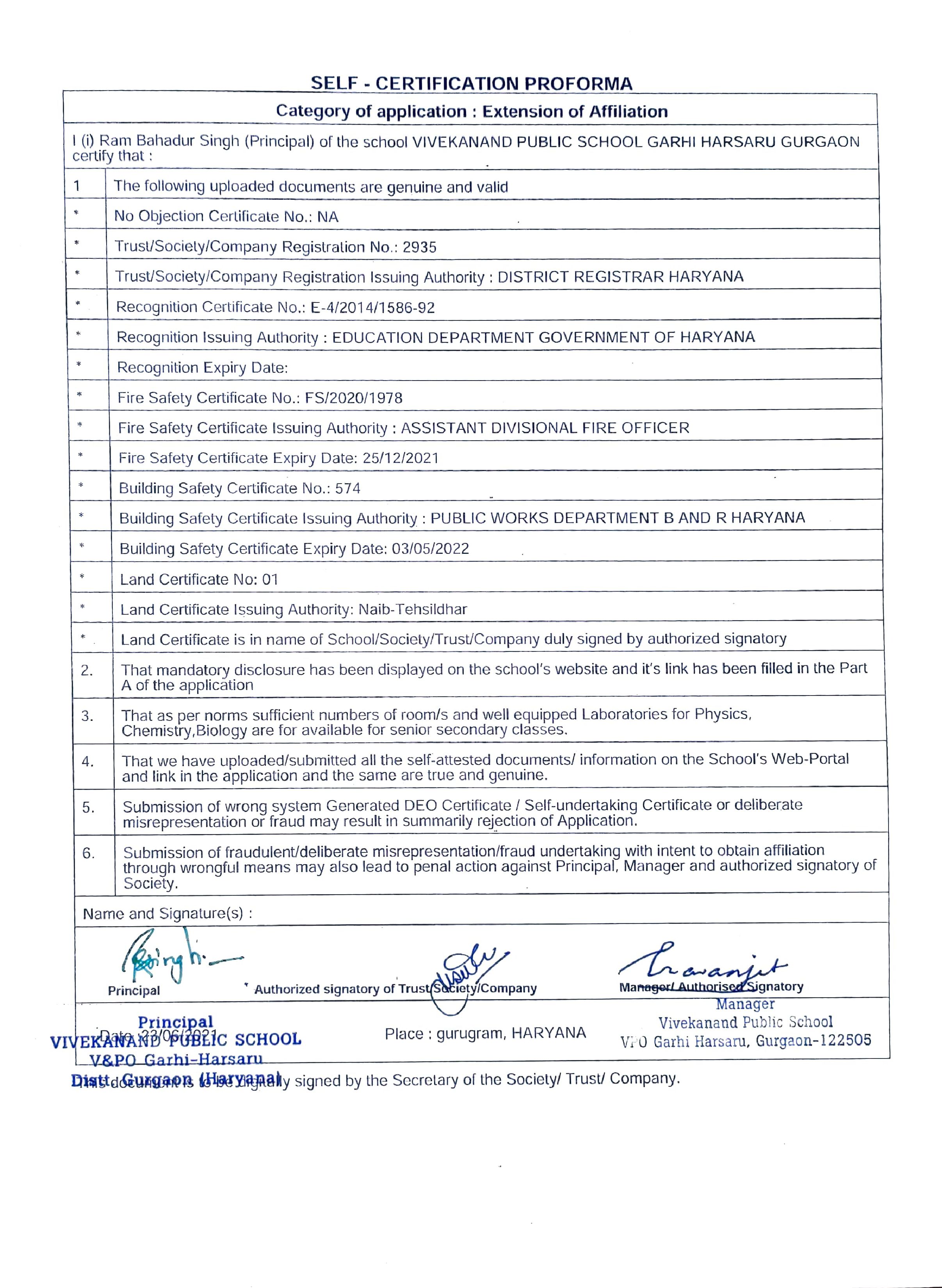 Vivekanand Public School Self Certificate
