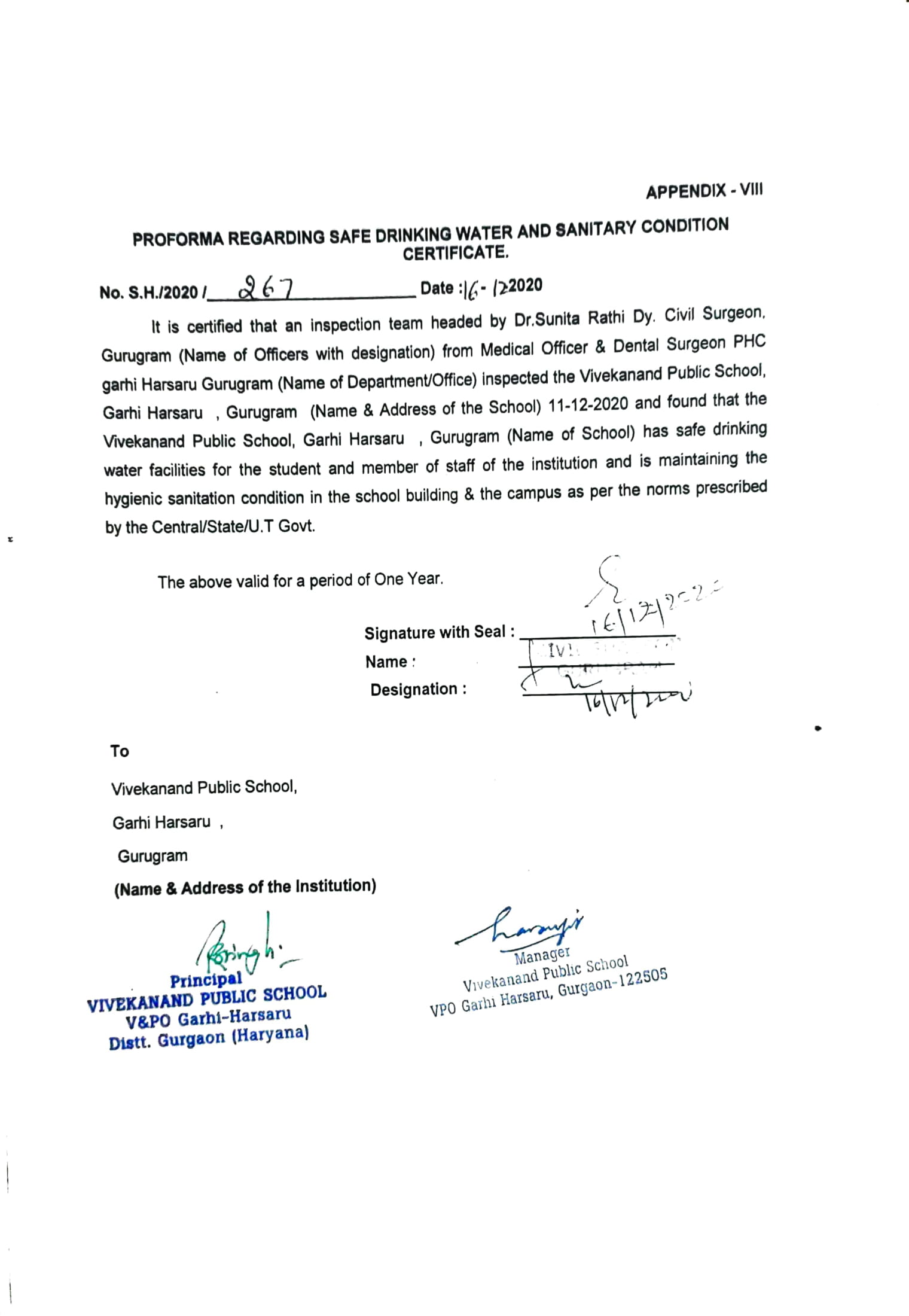Vivekanand Public School Health & Safety Certificate